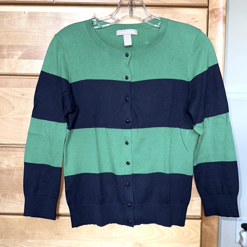 Navy and Green color block striped cardigan sweater